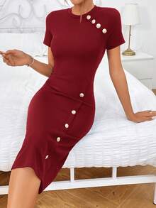 SHEIN Privé 紐扣細節緊身洋裝 - 酒紅色 - 查看 3