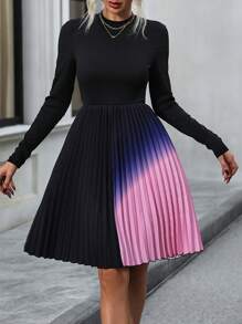 SHEIN LUNE 漸層百褶下擺A字洋裝 - 黑色 - 查看 1