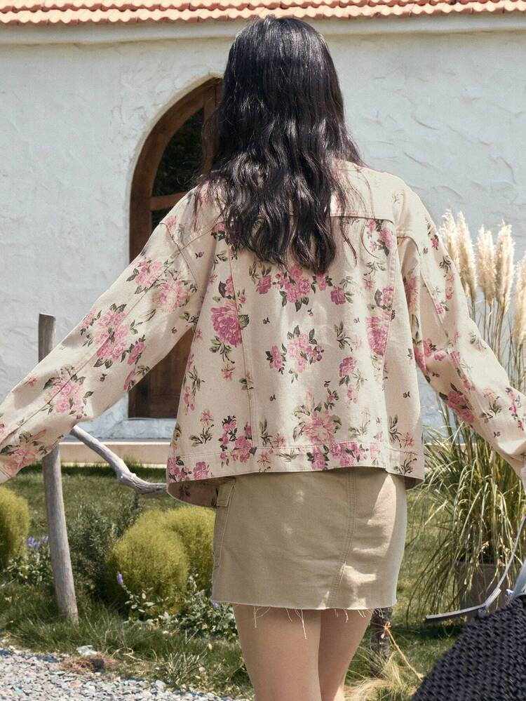 Floral Print Drop Shoulder Flap Pocket Denim Jacket
