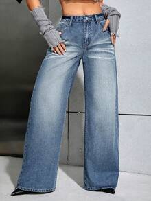 SHEIN ICON 高腰闊腿牛仔褲 - 黑色 - 查看 3