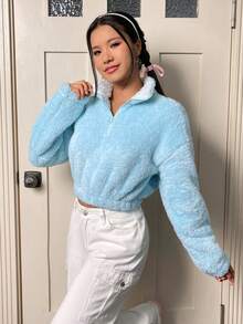 SHEIN Qutie Một nửa khóa kéo Thả vai Mùa vụ Teddy Áo nỉ - Màu xanh nhạt - Xem 4