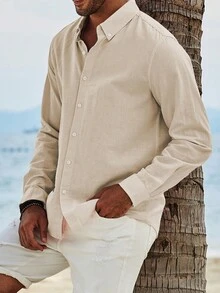 男士素色前排扣襯衫 - 米色 - 查看 4