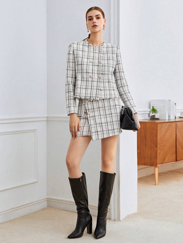Plaid Pattern Raw Trim Double Breasted Overcoat