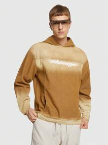 ROMWE MEN ROMWE Avant Men's Hooded Denim Jacket With Letter Print - Khaki - View 6