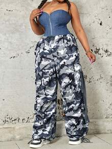 大碼迷彩印花側翻蓋口袋腰部抽繩工裝降落傘褲 - 彩色 - 查看 5