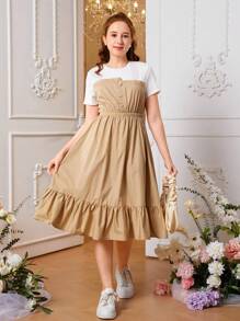 SHEIN Teen Girl Two Tone Ruffle Hem Dress - Khaki - View 4