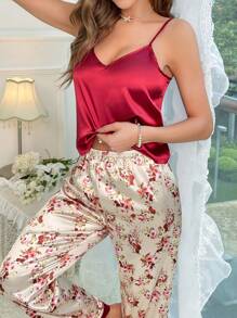 花卉印花缎面吊带背心和裤子睡衣套装/睡衣套装 - 彩色 - 查看 5
