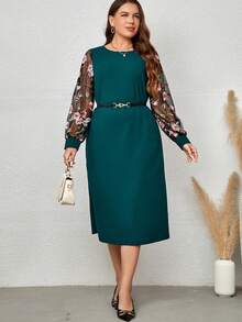 EMERY ROSE Talla grande Vestido con bordado floral de manga de malla - Verde Oscuro - Ver 4