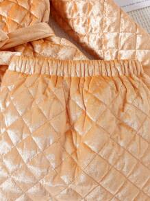 SHEIN 青少年女孩翻盖口袋绗缝腰带夹棉外套和裙子 - 杏色 - 查看 3