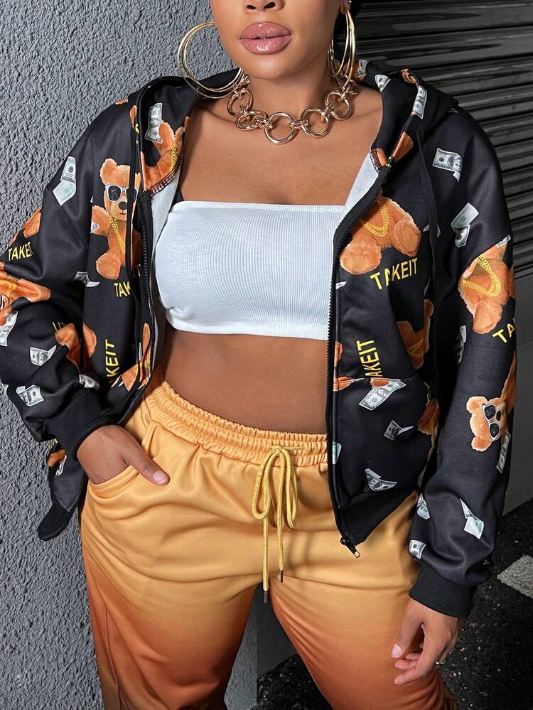 Plus Size Bear & Letter Graphic Zip Up Drawstring Sweatshirt