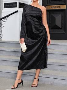 SHEIN Privé Hơn Hoa Dệt hoa Một bờ vai Tay áo kèn  Xa ten Đầm - màu đen - Xem 4