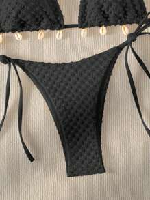 SHEIN Swim 夏季沙灘貝殼裝飾三角比基尼套裝 - 黑色 - 查看 3