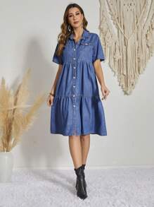 SHEIN LUNE 翻蓋口袋荷葉邊牛仔洋裝 - 深色水洗藍 - 查看 4