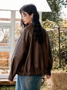 DAZY Zip Up Drop Shoulder PU Leather Jacket,Fall Women Clothes - Coffee Brown - View 2