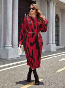 SHEIN Privé Plus Rochie cu imprimeu peste tot Fara Curea - roșu - Vizualizare 3