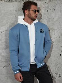 Manfinity Homme Men Plus Letter Patched Striped Trim Bomber Jacket Without Hoodie - Blue - View 8