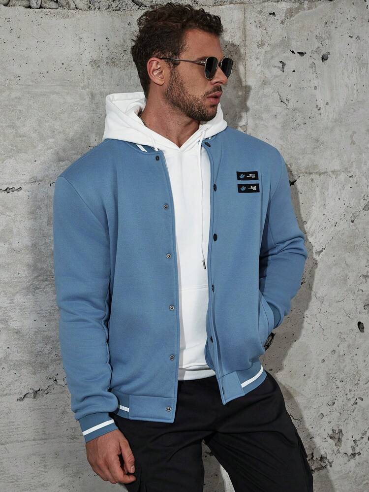 Men Plus Letter Patched Striped Trim Bomber Jacket Without Hoodie