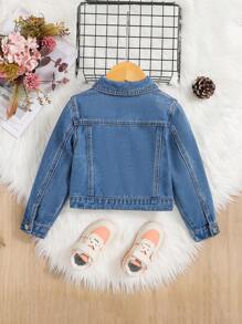 SHEIN Young Girl 1pc Flap Detail Denim Jacket - Medium Wash - View 2