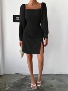 EURMUSE Rochie cu mânecă lanternă cu gât pătrat