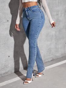 SHEIN EZwear 高腰下擺開叉緊身牛仔褲 - 深色水洗藍 - 查看 6