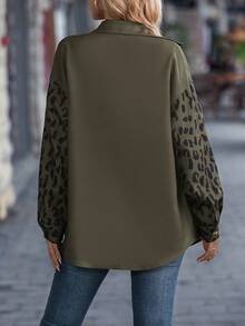 EMERY ROSE Leopard Print Drop Shoulder Pocket Patched Button Front Shirt - Army Green - View 2