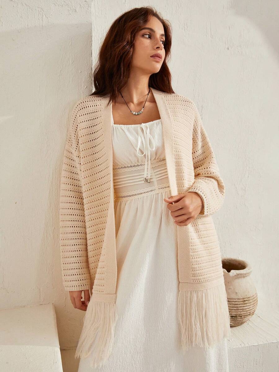 Bohemela Cardigan mit Fransen-Saum und Dropped-Shoulder - Aprikosenfarben - Übersicht 1