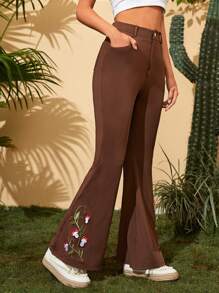 Soleia Mushroom Embroidery Flare Leg Pants - Brown - View 1