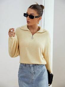 SHEIN Essnce Half Zip Drop Shoulder Teddy Sweatshirt - Khaki - View 4