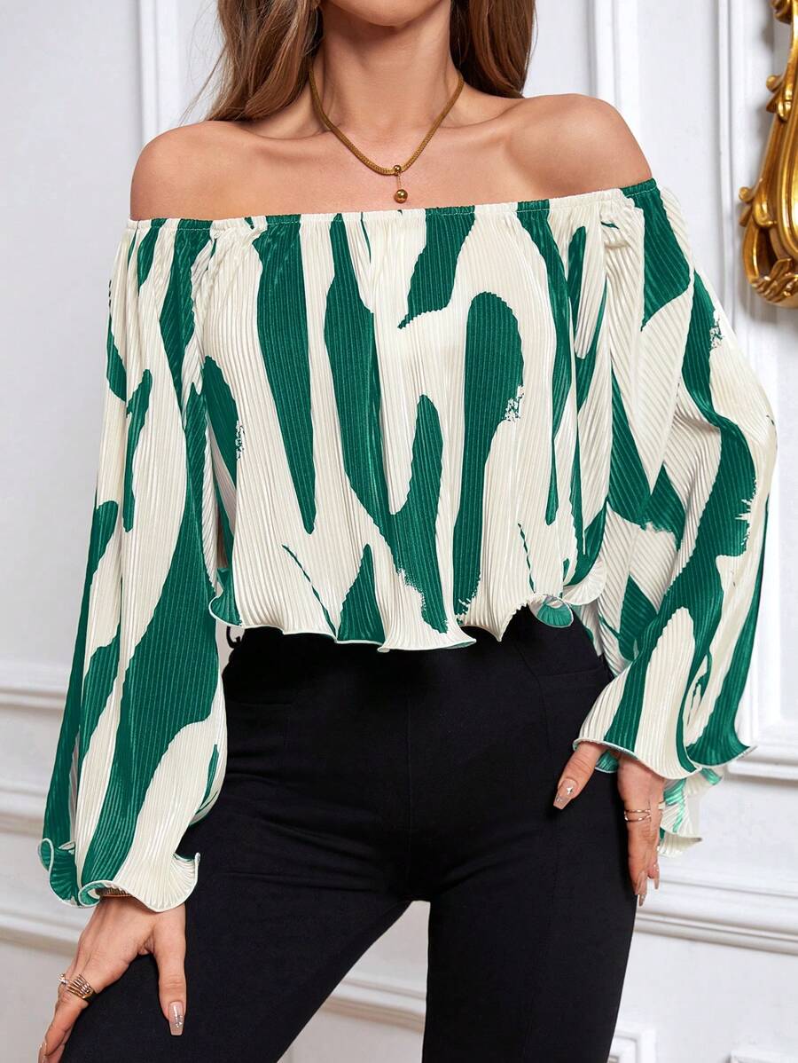 SHEIN Privé Graphic Print Off Shoulder Blouse - Green - View 1