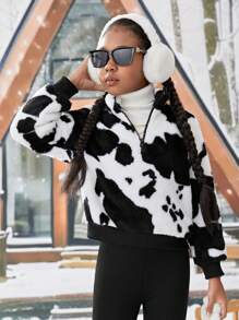 女大童奶牛圖案半拉鏈毛茸茸運動衫 - 黑與白 - 查看 3