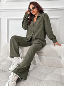 SHEIN Unity Solid Button Front Shirt & Flare Leg Pants - Army Green - View 3