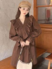 DAZY 素色荷葉邊荷葉袖荷葉邊圍裹細節洋裝 - 咖啡 - 查看 3