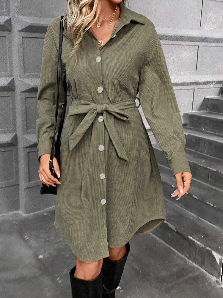Drop Shoulder Belted Shirt Dress Winter Green