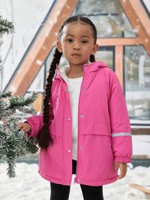 SHEIN Young Girl Contrast Tape Snap Button Hooded Coat,In Fall/Winter - Hot Pink - View 4