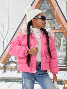 SHEIN Tween Girl Flap Pocket Fuzzy Trim Hooded Padded Coat - Pink - View 3
