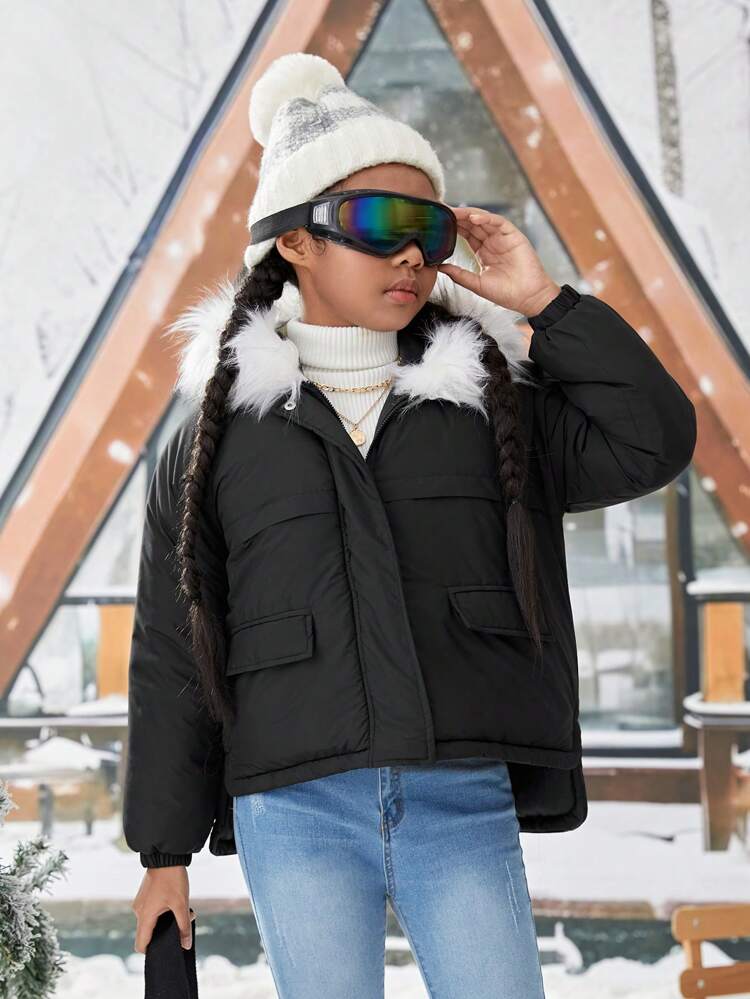 Tween Girl's Woven Patch Pocket Hand-Stuffed Thickened Hooded Jacket,In Fall/Winter