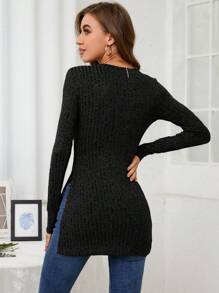 SHEIN Frenchy Viền chia cắt Đồ đan Ribbed Áo thun - màu đen - Xem 2