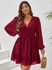 SHEIN VCAY Plus Plunging Neck Lantern Sleeve Ruffle Hem Dress - Burgundy - View 3