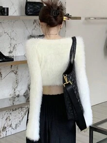 纯色纽扣短款蓬松开衫，长袖上衣，休闲春季款 - 米色 - 查看 2