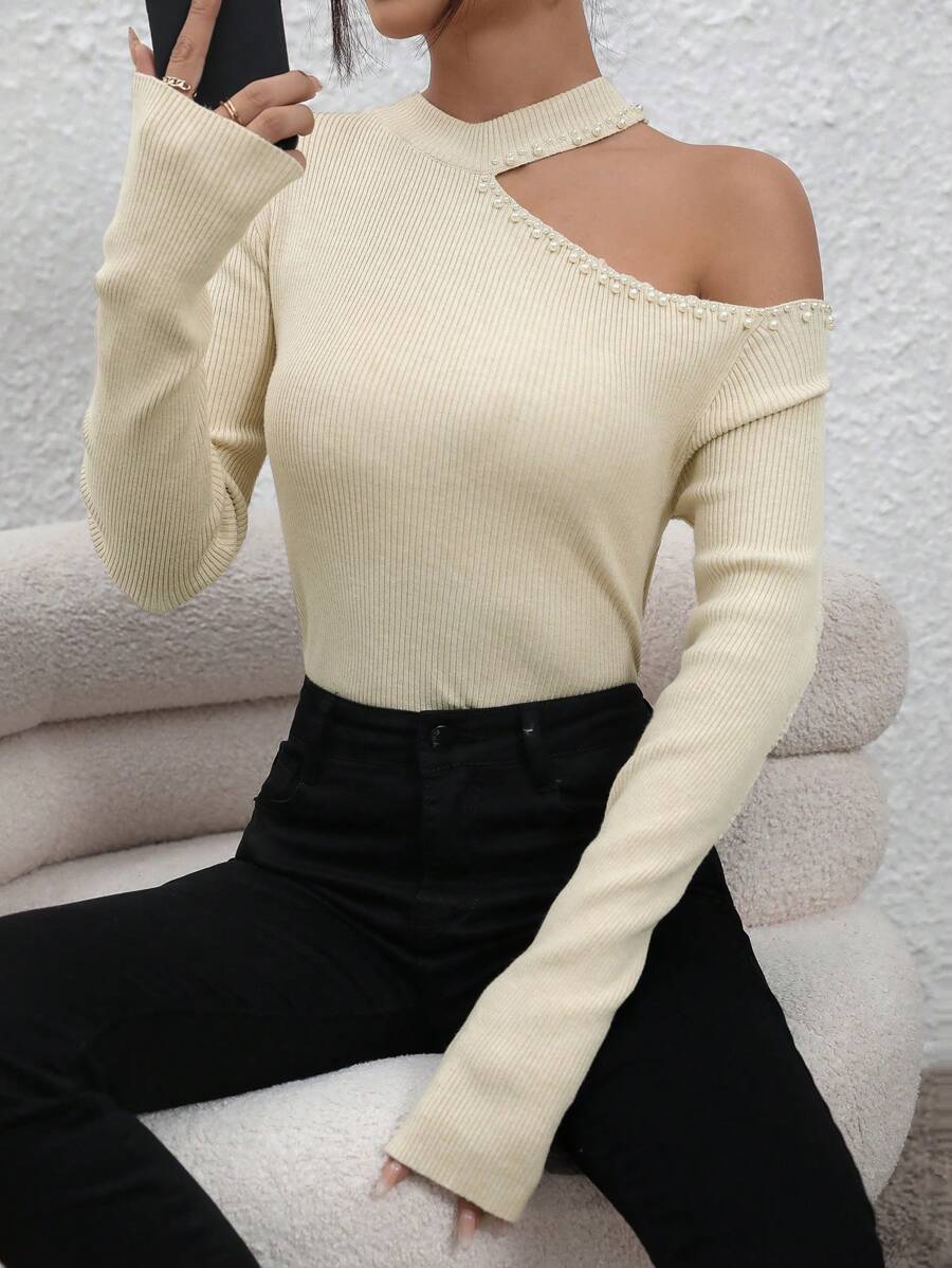 Chiquease 镂空不对称领口罗纹针织套头衫秋冬毛衣 - 杏色 - 查看 1