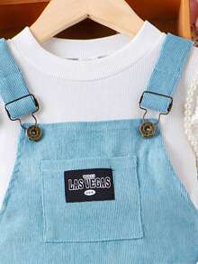 SHEIN Young Girl Ruffle Trim Tee & Letter Patched Overall Dress - White - View 4