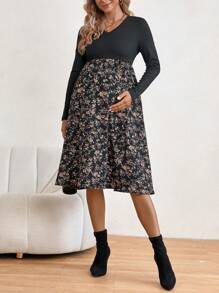 SHEIN 孕婦碎花A字洋裝 - 黑色 - 查看 1
