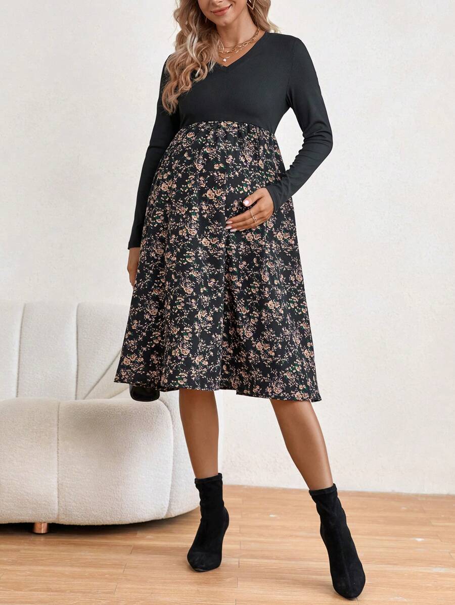 SHEIN 孕婦碎花A字洋裝 - 黑色 - 查看 1