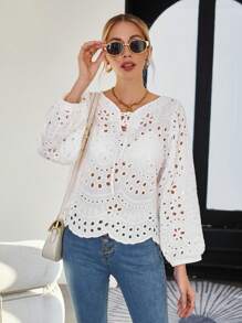 SHEIN Frenchy 網眼刺繡貝殼邊燈籠袖貝殼邊襯衫 - 白色 - 查看 3