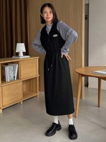 FRIFUL Robe chemise avec manche raglan, détail de pièce de lettre, taille à cordon de serrage