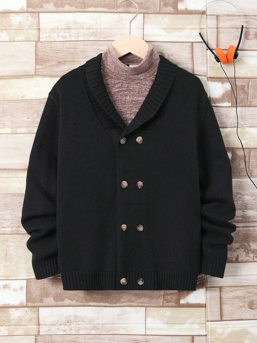 SHEIN Tween Boy 1pc Shawl Collar Double Breasted Cardigan - Black - View 1