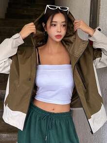 DAZY 撞色拉鏈開襟抽繩連帽夾克 - 棕色 - 查看 3