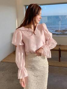 DAZY Chất rắn Vòng cổ Áo sơ mi - Hồng - Xem 8