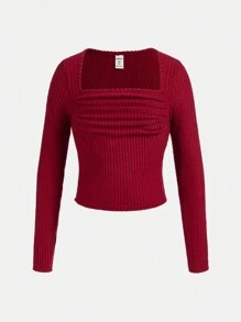 青少年女孩方領胸部褶皺T恤適用於聖誕 - 紅色 - 查看 1