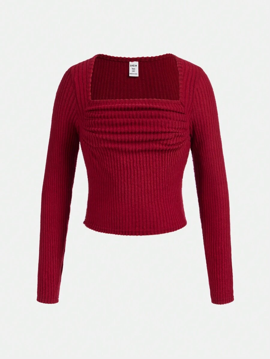 青少年女孩方領胸部褶皺T恤適用於聖誕 - 紅色 - 查看 1